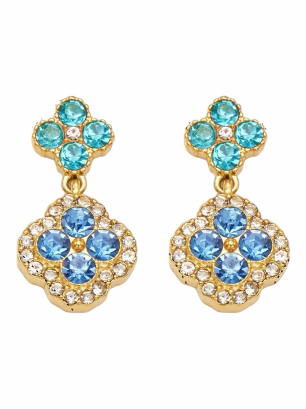 Crystal CZ Flower Drop Earrings Blue 18KT Gold Plated PVD Coated NWT